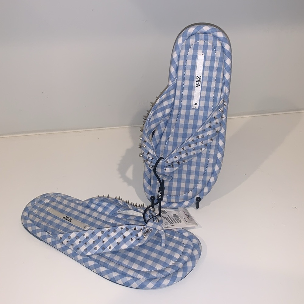 Zara Gingham Studded Flip Flops Sandals - Picture 12 of 12